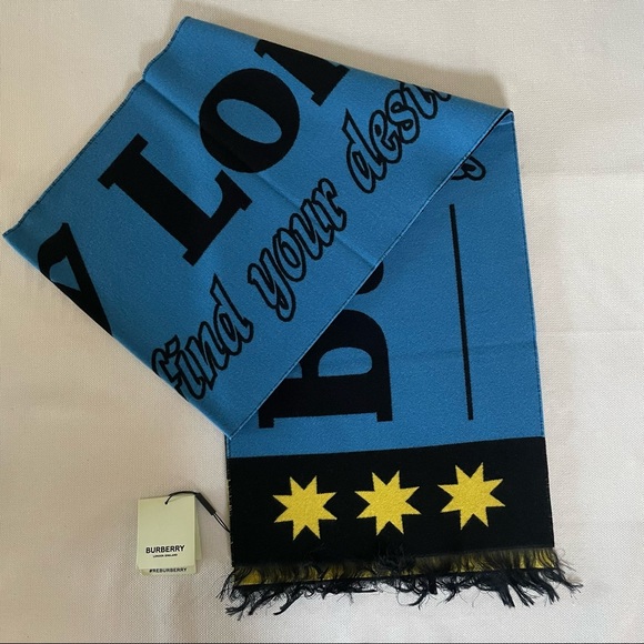 BURBERRY MENS BLUE JACQUARD LOGO SCARF MADE IN ITALY - Picture 4 of 8